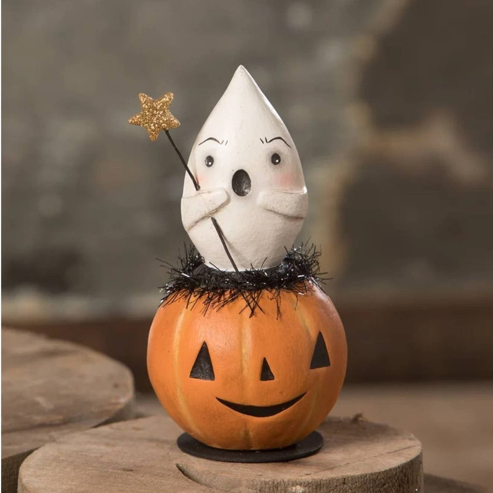 Bethany Lowe Spooked Ghost In Jack O Lantern Pumpkin Figure